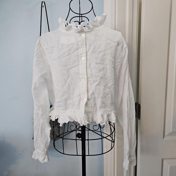TheSilk Co Sasha Long Sleeve Crop Blouse size small white Cotton - Picture 6 of 7